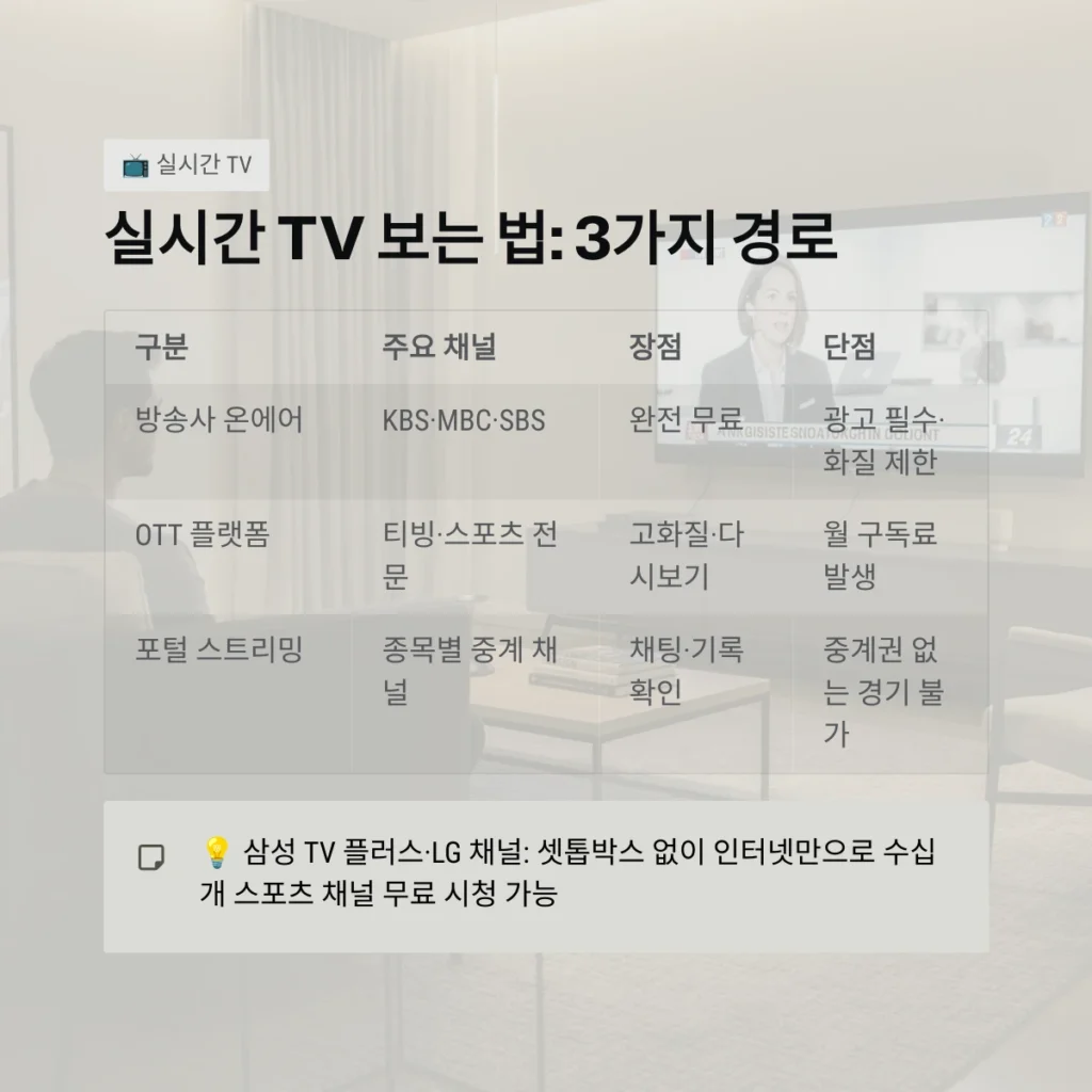 무료 스포츠 중계 사이트 TOP 정리 + 실시간 TV 보는 법 (2026년 최신판) 4 실시간 TV 보는 법: 3가지 경로